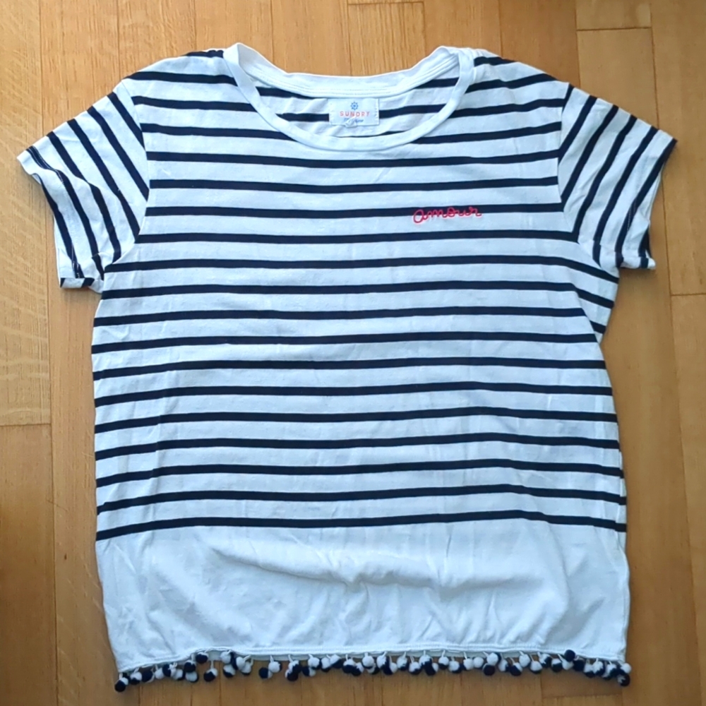 Sundry Maritime Black and White Stripe Embellished Bottom Tee T Shirt Amour Sz 0